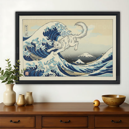 The Great Wave Cat – Ukiyo-E Inspired Whimsical Wall Art on Natural Wood Canvas | W628