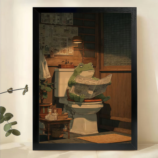 Frog Reading Newspaper on Toilet – Humorous Vintage Bathroom Wall Art on Natural Wood Canvas | W966