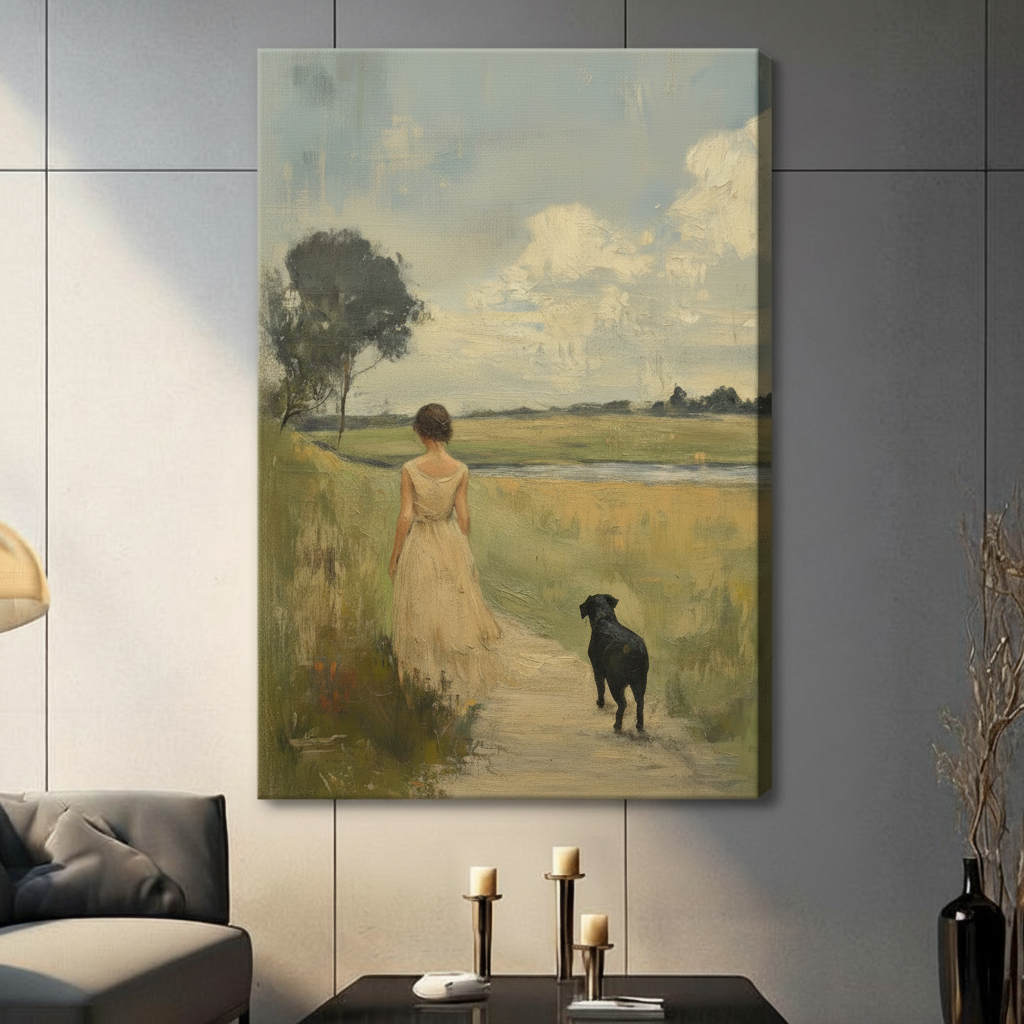 Vintage Woman & Dog Field Walk Canvas Art w3332