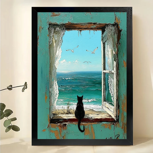 Black Cat Ocean Window View Wall Art – Vintage Turquoise Framed Coastal Canvas | W2187