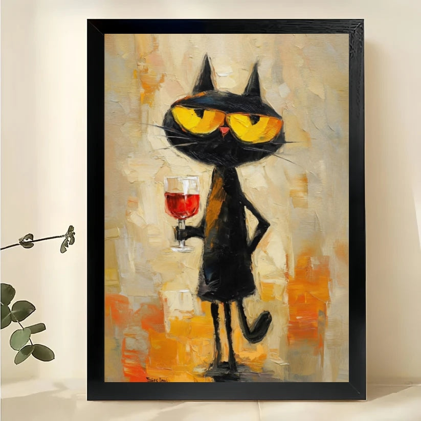 Abstract Standing Cat – Vibrant Textured Animal Wall Art on Natural Wood Canvas | W2007