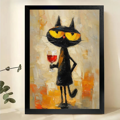 Abstract Standing Cat – Vibrant Textured Animal Wall Art on Natural Wood Canvas | W2007
