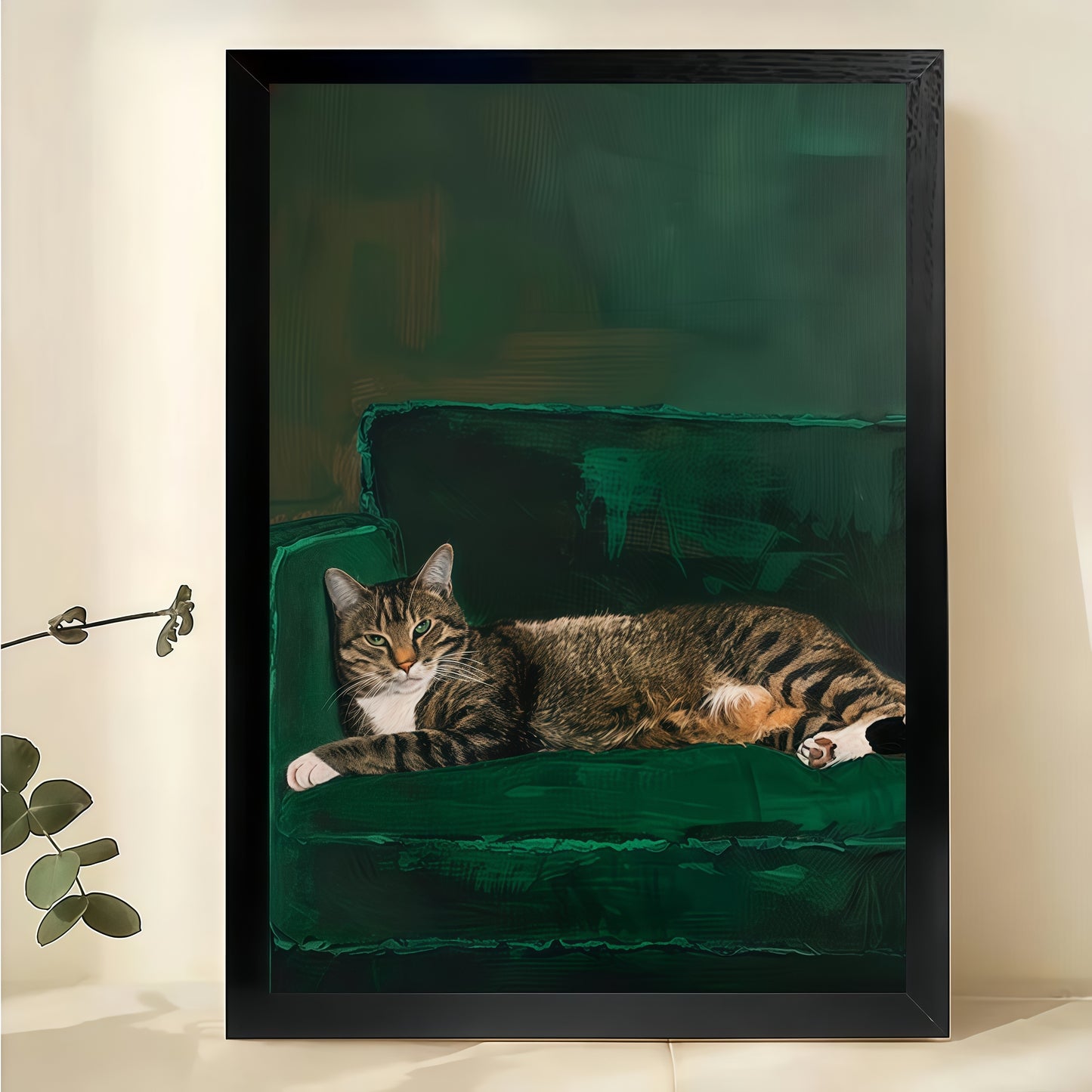 Tabby Cat Napping on Couch – Cozy Cat Portrait Wall Art on Natural Wood Canvas | W2070