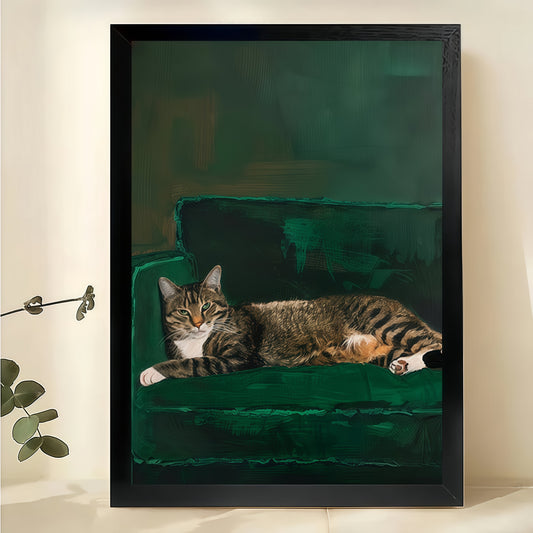 Tabby Cat Napping on Couch – Cozy Cat Portrait Wall Art on Natural Wood Canvas | W2070