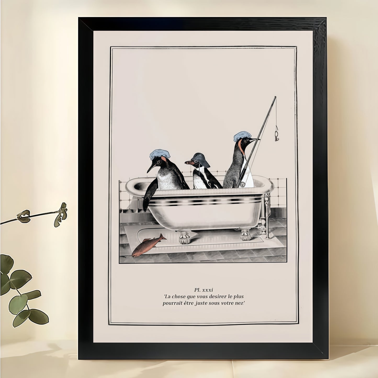 Penguins in Bathtub Retro Line Art – Whimsical Bathroom Wall Art on Natural Wood Canvas | W831