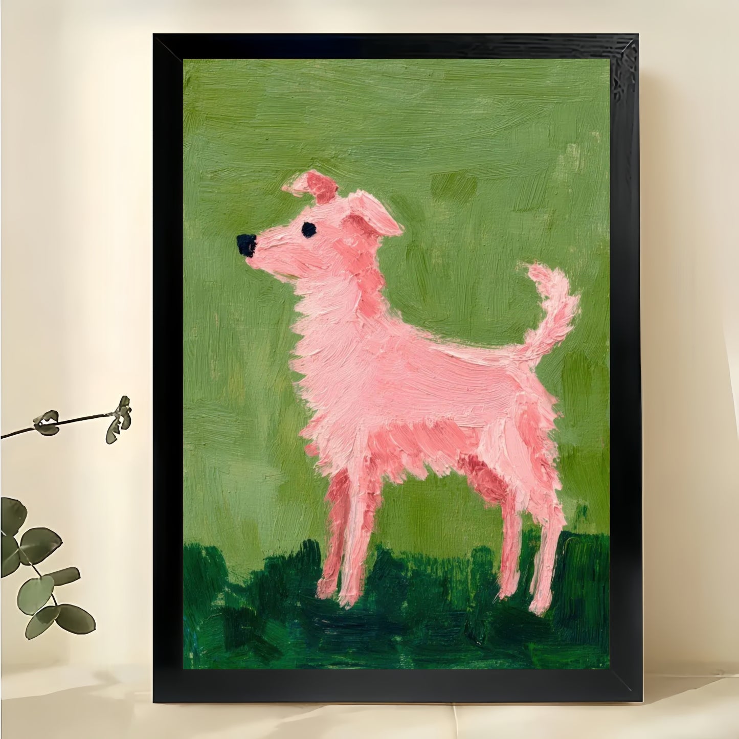 Abstract Pink Dog Folk Painting Wall Art – Whimsical Puppy Framed Canvas Art | W2164