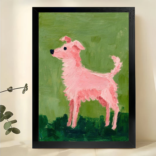 Abstract Pink Dog Folk Painting Wall Art – Whimsical Puppy Framed Canvas Art | W2164
