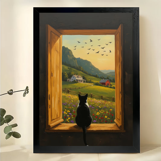 Black Cat on Window Sill Gazing at Pastoral Landscape – Cozy Country Wall Art on Natural Wood Canvas | W733