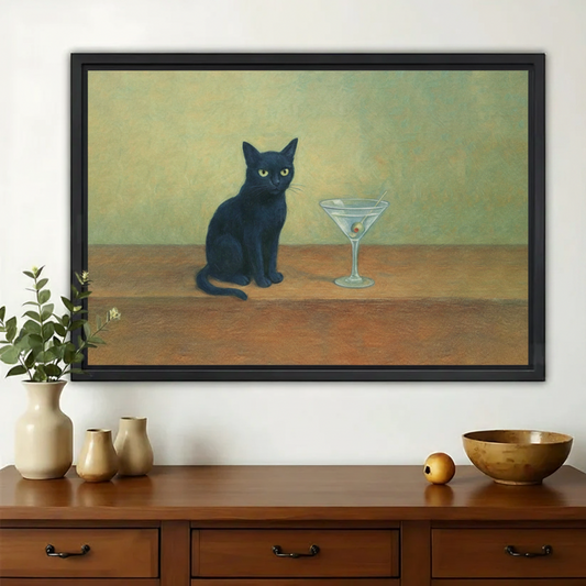 Black Cat with Martini Glass Wall Art – Moody Whimsical Cat Canvas Print on Natural Wood Frame | W2263