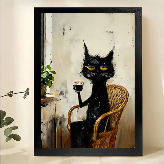 The Sophisticated Wine-Holding Black Cat – Vintage Elegant Wall Art on Natural Wood Canvas | W577