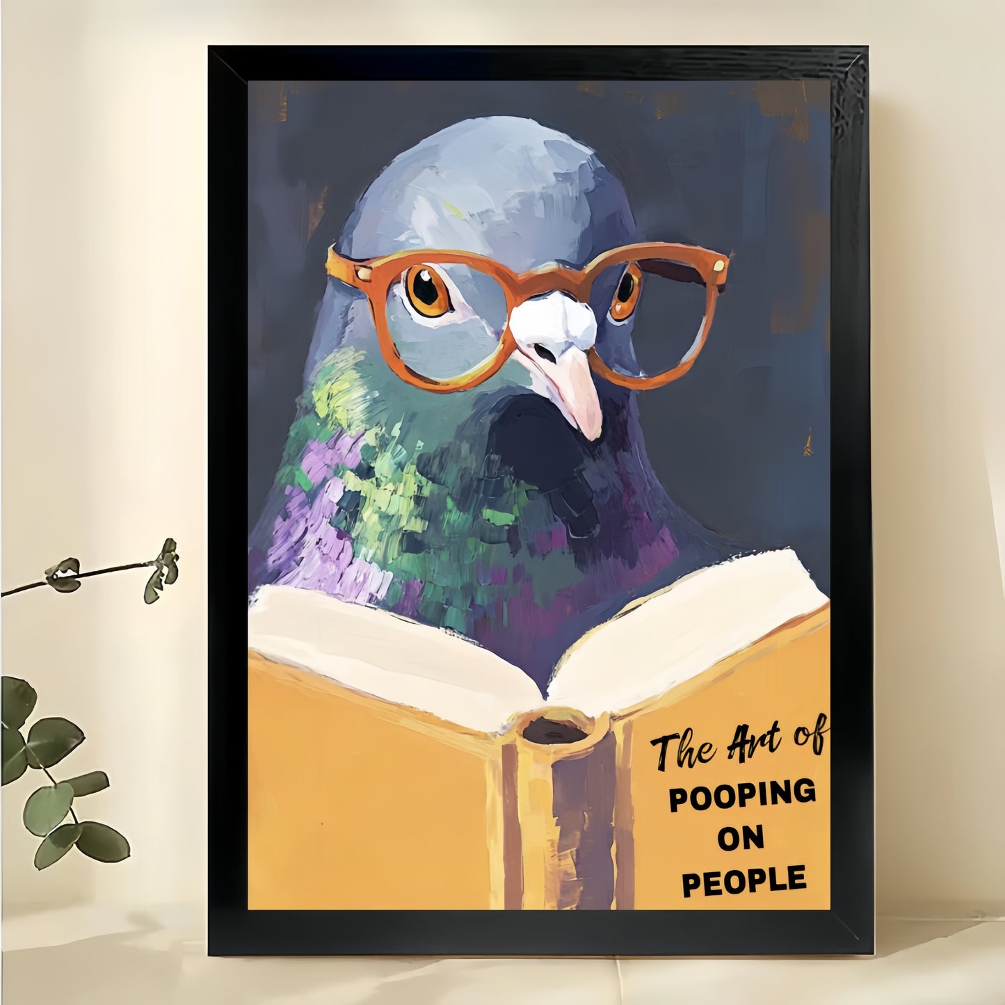 The Art of Pooping on People Glasses Pigeon – Whimsical Wall Art on Natural Wood Canvas | W895