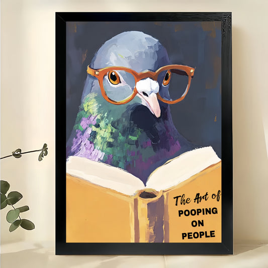 The Art of Pooping on People Glasses Pigeon – Whimsical Wall Art on Natural Wood Canvas | W895