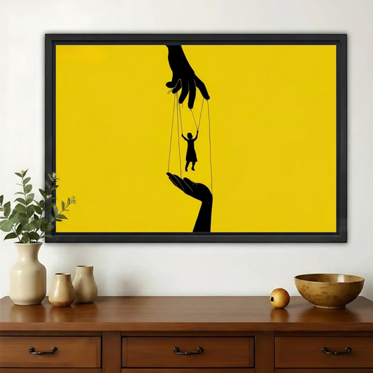 Puppet on Strings – Bold Yellow Abstract Wall Art on Natural Wood Canvas | W960