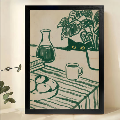 Peeking Black Cat in Potted Plant – Vintage Sketch Wall Art on Natural Wood Canvas | W841