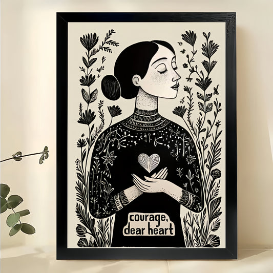 Courage, Dear Heart Woman with Floral Folk Art – Vintage Boho Wall Art on Natural Wood Canvas | W976