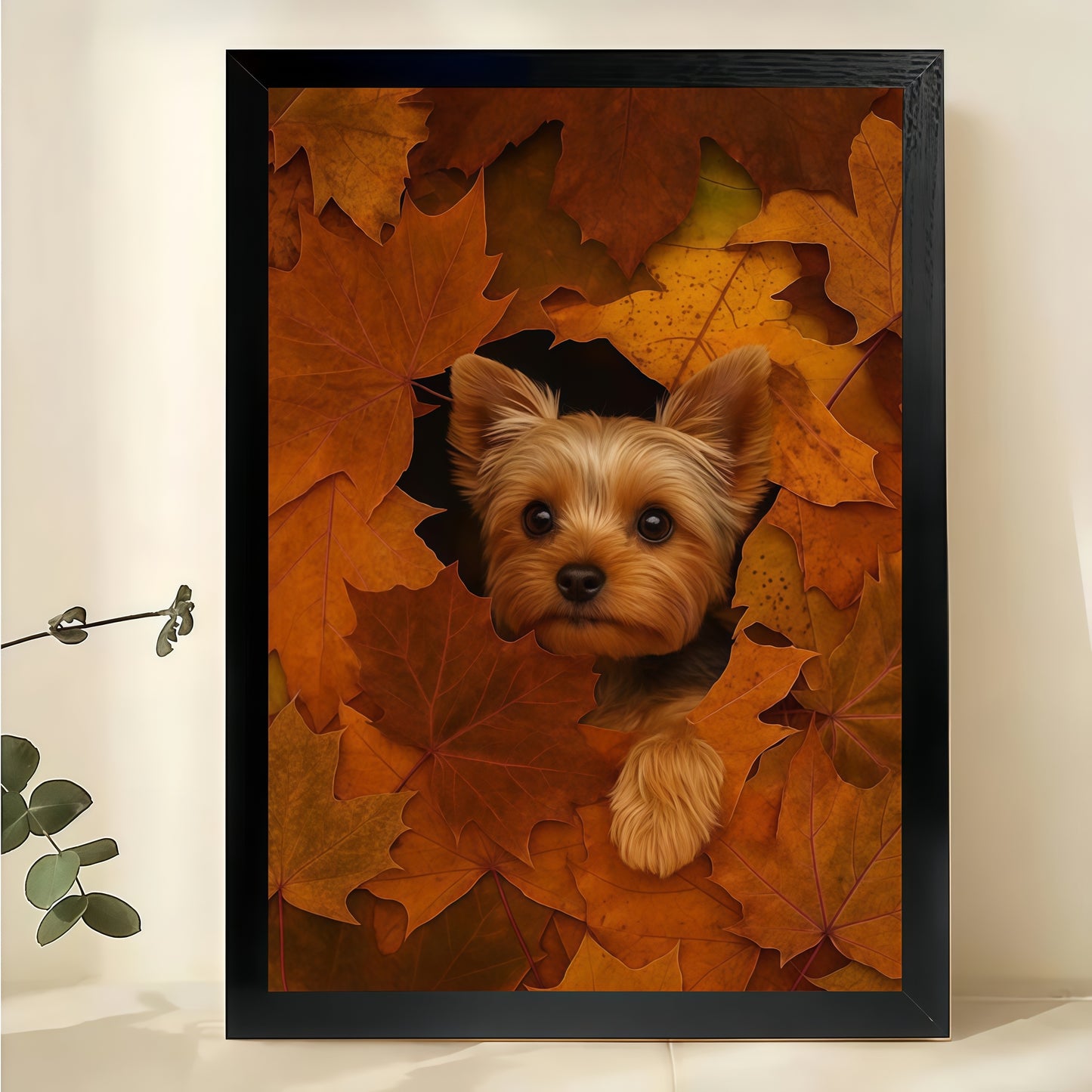 Yorkie in Autumn Leaves – Whimsical Pet Wall Art on Natural Wood Canvas | W888