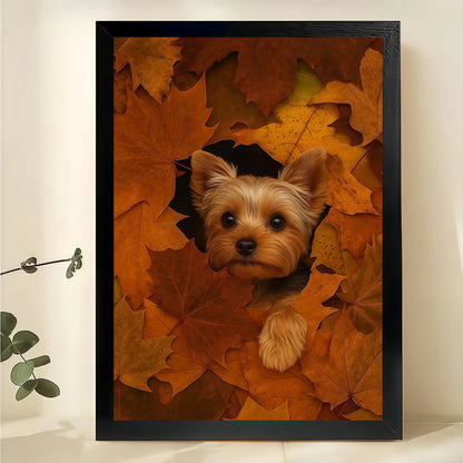 Yorkie in Autumn Leaves – Whimsical Pet Wall Art on Natural Wood Canvas | W888