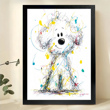 Colorful Scribble Style Fluffy White Dog – Playful Abstract Wall Art on Natural Wood Canvas | W762