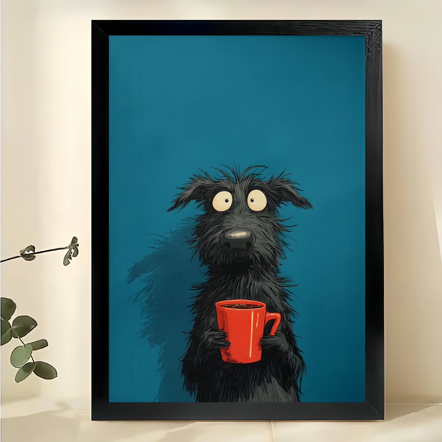 Cool Black Dog with Coffee Cup – Minimalist Bold Wall Art on Natural Wood Canvas | W814
