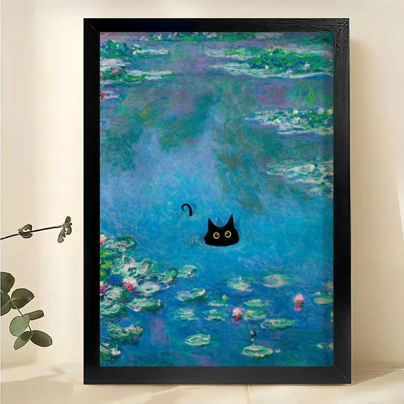Black Cat in Monet Water Lilies – Classic Art Parody Wall Art on Natural Wood Canvas | W882