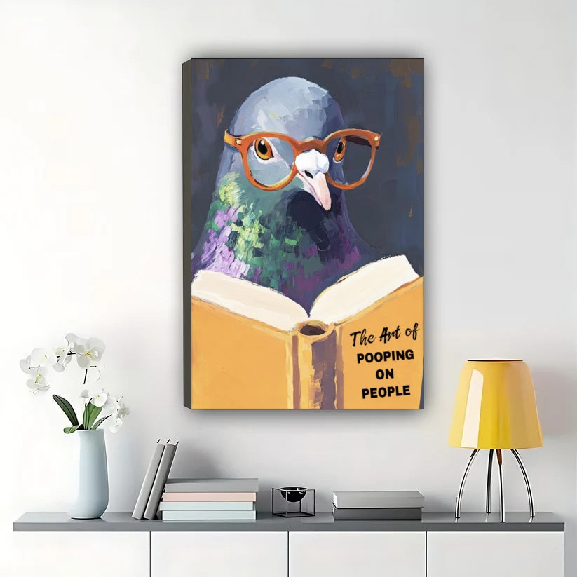 The Art of Pooping on People Glasses Pigeon – Whimsical Wall Art on Natural Wood Canvas | W895