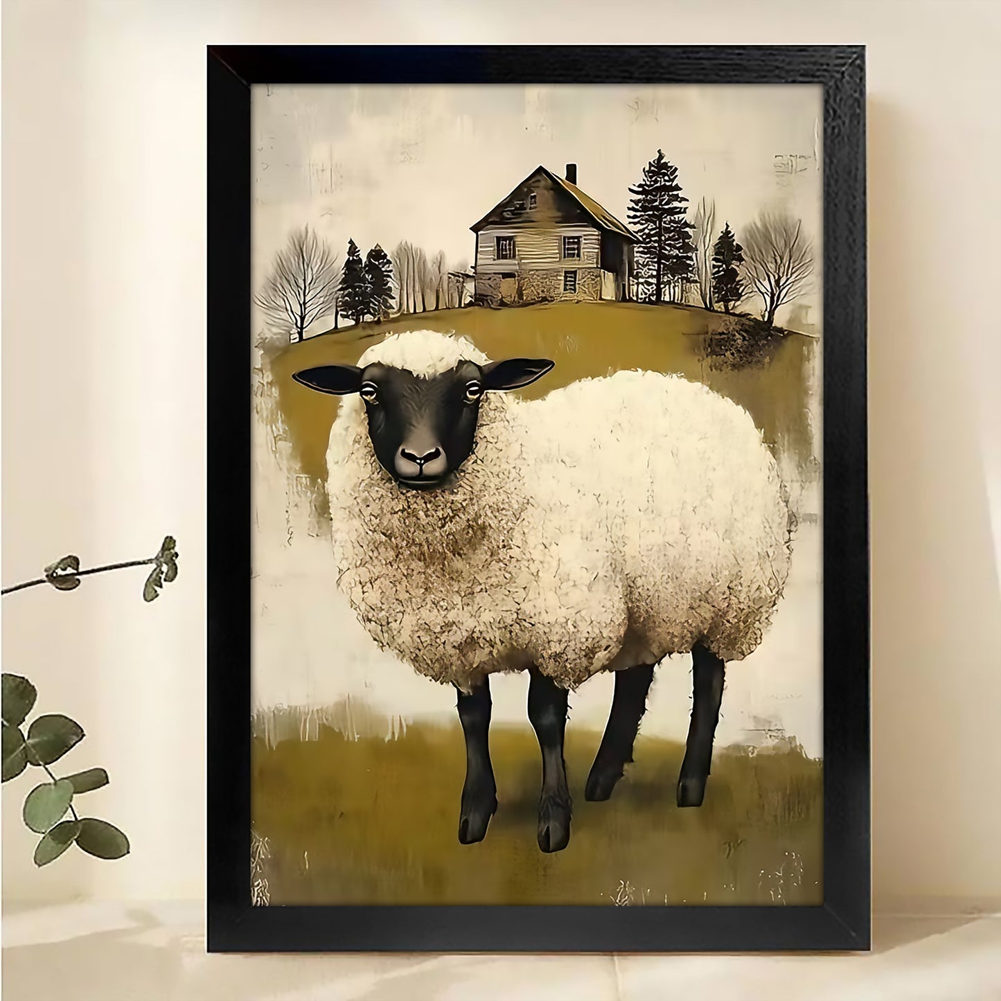 Single Fluffy Sheep – Rustic Farm Animal Wall Art on Natural Wood Canvas | W506