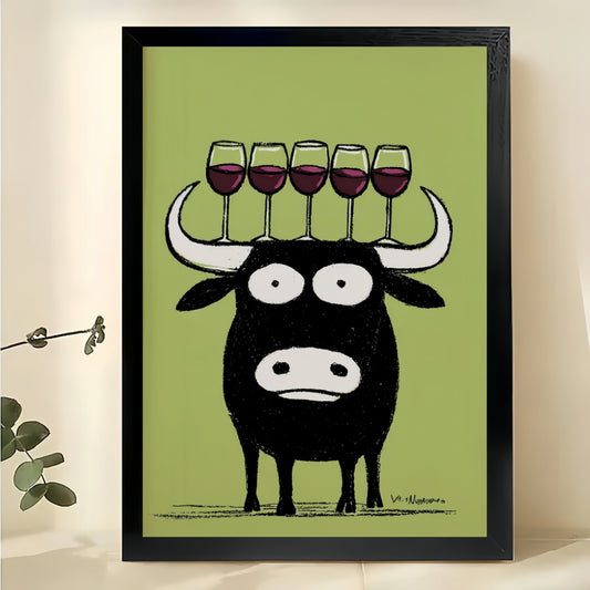 Bull with Wine Glasses Wall Art – Funny Black Bull Canvas Print on Natural Wood Frame | W2420