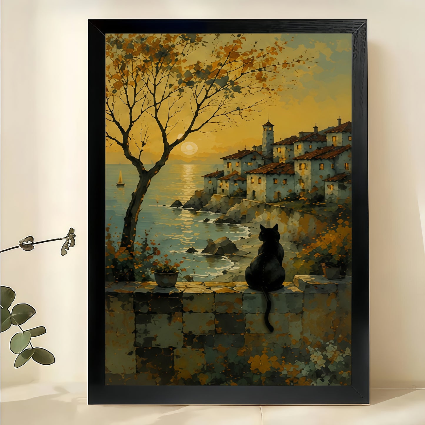 Village Sunset Black Cat Wall Art – Nostalgic Coastal Cat Canvas Print on Natural Wood Frame | W2407