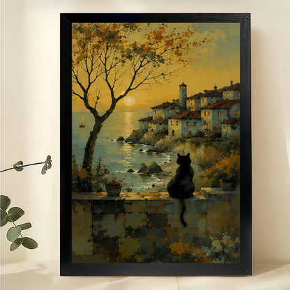 Village Sunset Black Cat Wall Art – Nostalgic Coastal Cat Canvas Print on Natural Wood Frame | W2407