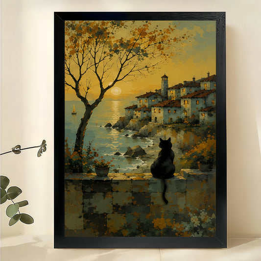 Village Sunset Black Cat Wall Art – Nostalgic Coastal Cat Canvas Print on Natural Wood Frame | W2407