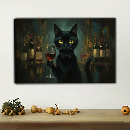 The Bar-Side Red Wine Black Cat – Retro Lounge Wall Art on Natural Wood Canvas | W566