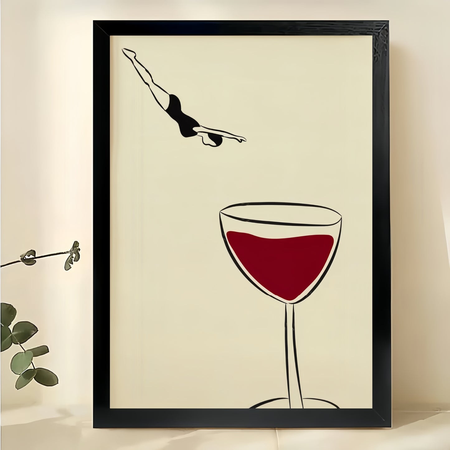 Red Wine Glass with Olive Minimalist Wall Art Bar Cart & Kitchen Decor | W827