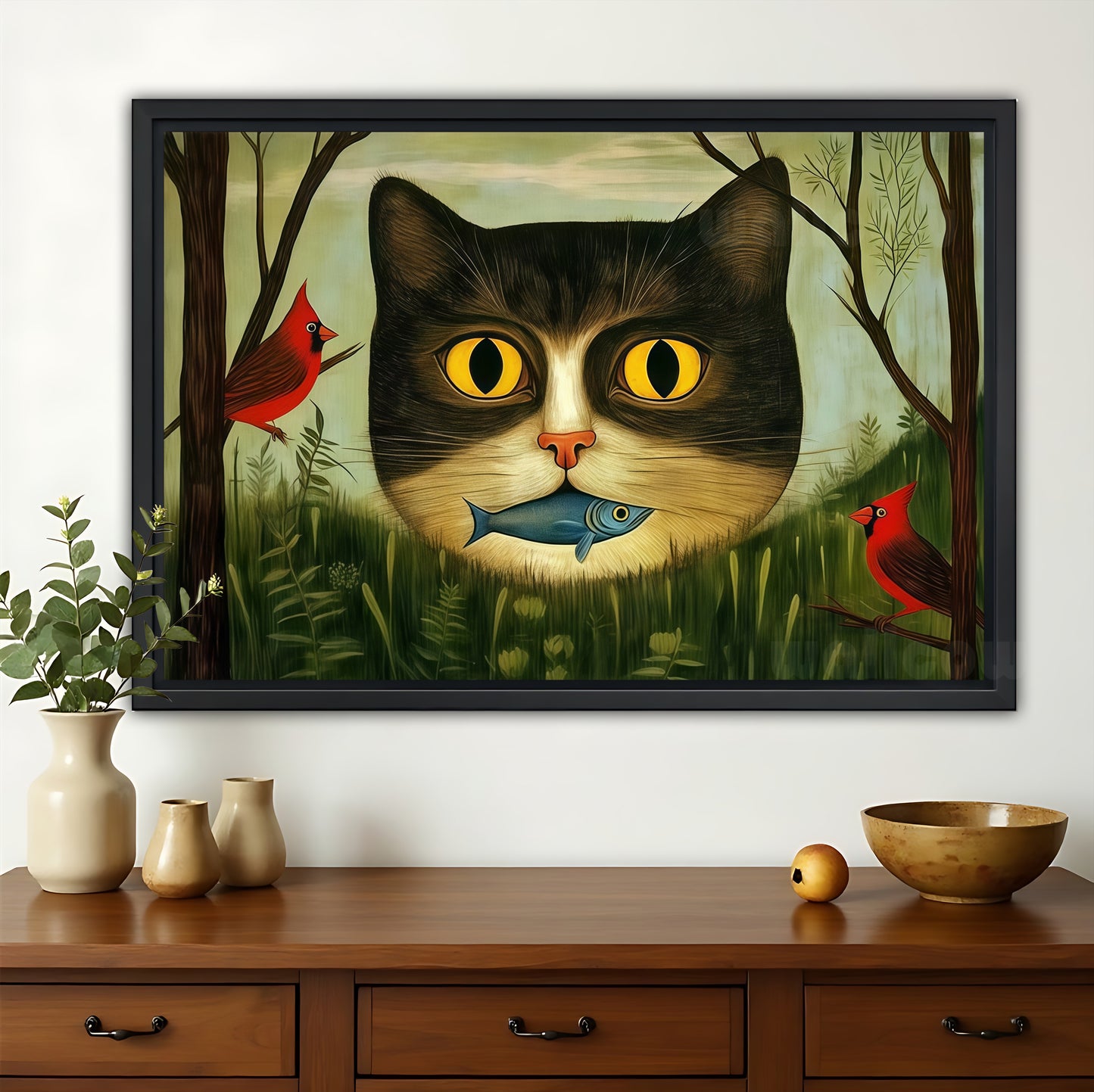 The Jungle Cat  Fish – Surreal Nature Wall Art on Natural Wood Canvas | W643