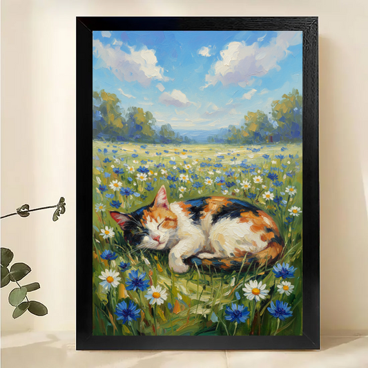Calico Cat in Wildflower Meadow Wall Art - Spring Landscape Print| W1048