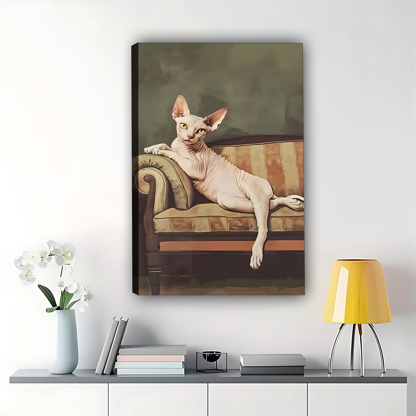 The Lounge Cat on Sofa – Elegant Sphynx Wall Art on Natural Wood Grain Canvas | W498