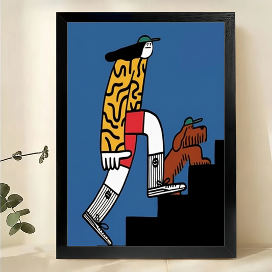 Stylish Man Walking Dog Wall Art – Bold Modern Cartoon Canvas Print on Natural Wood Frame | W2401