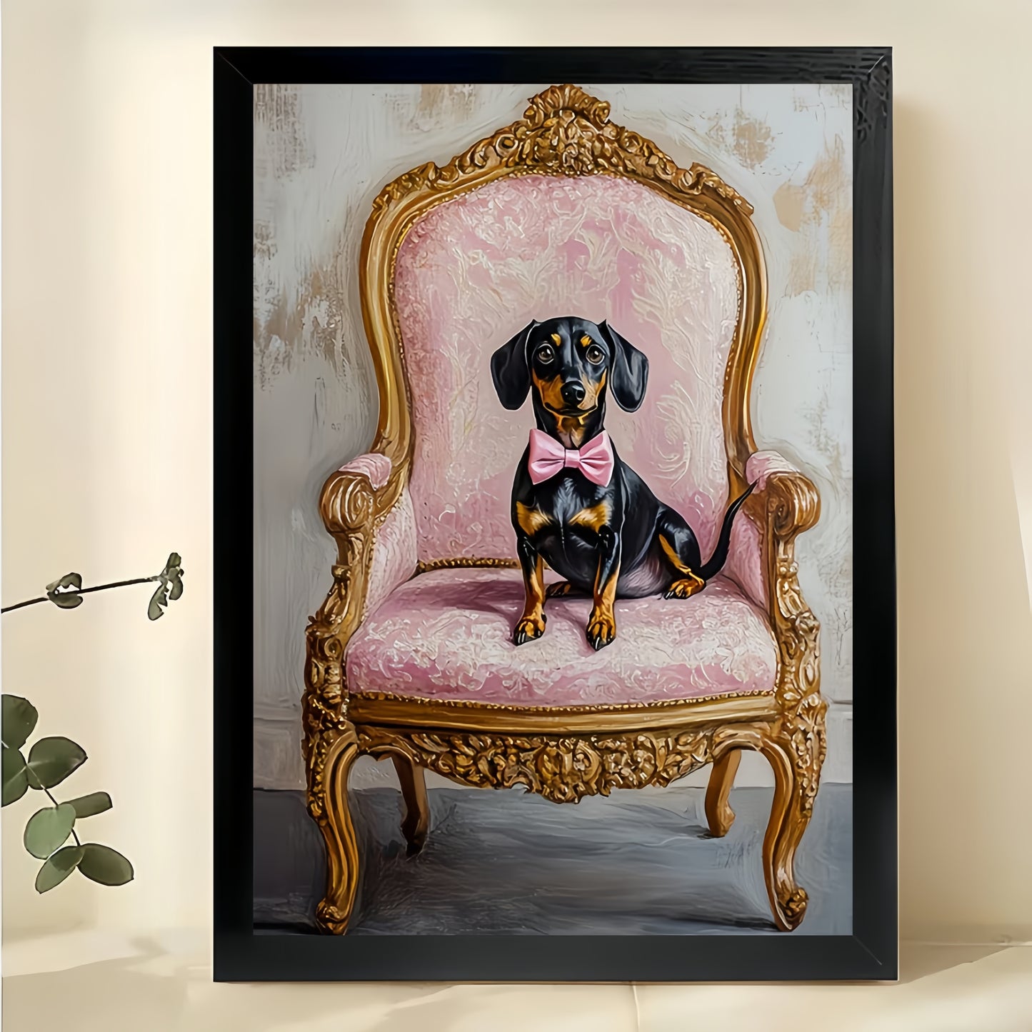 Dachshund on Vintage Pink Armchair – Luxe Cute Pet Wall Art on Natural Wood Canvas | W713