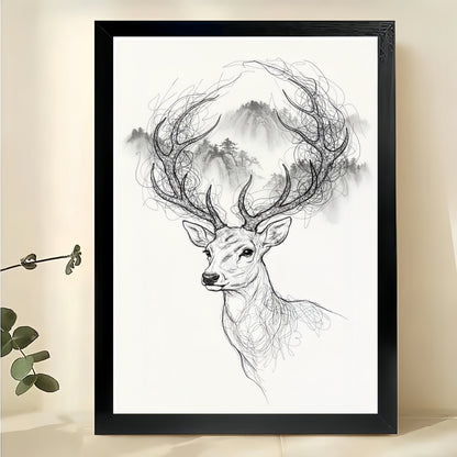 The Ink-Wash Style Elk – Elegant Nature Wall Art on Natural Wood Canvas | W662