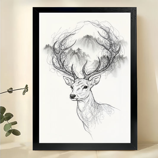 The Ink-Wash Style Elk – Elegant Nature Wall Art on Natural Wood Canvas | W662