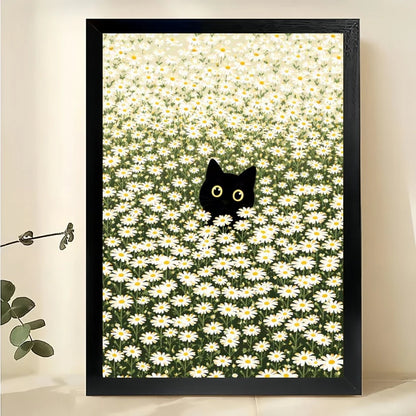 Black Cat in Daisy Field – Whimsical Minimalist Wall Art on Natural Wood Canvas | W858