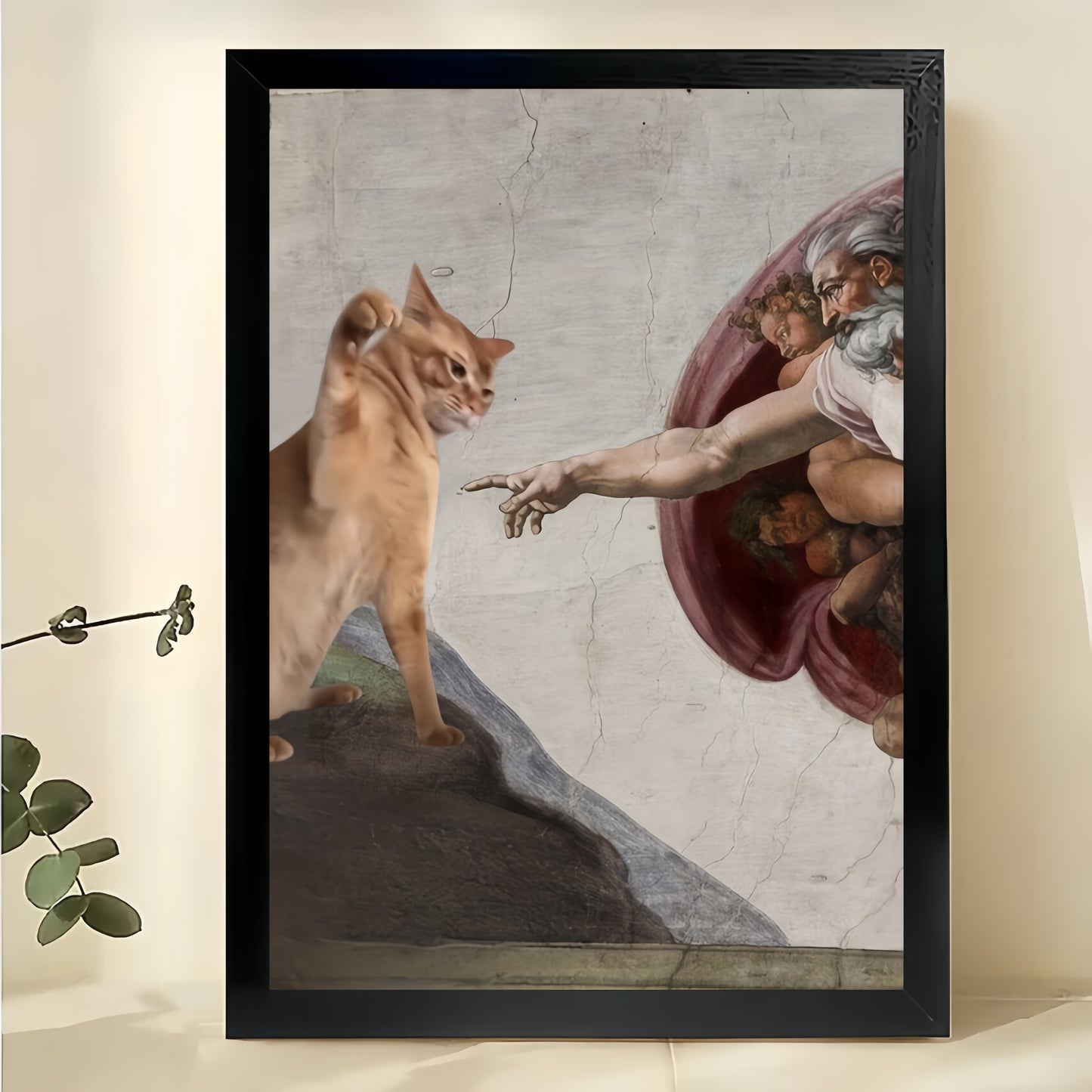 The Creation of Adam Cat – Classic Art Reimagined Wall Art on Natural Wood Canvas | W656