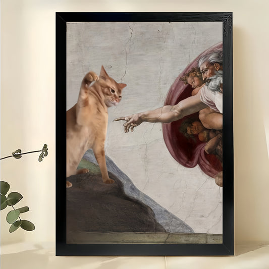 The Creation of Adam Cat – Classic Art Reimagined Wall Art on Natural Wood Canvas | W656