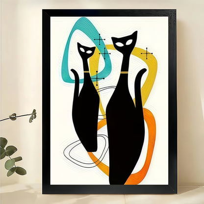 Mid-Century Double Cat – Abstract Geometric Cat Wall Art on Natural Wood Canvas | W2014
