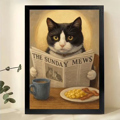 The Sunday Mews Cat – Cozy Retro Cat Wall Art on Natural Wood Canvas | W676