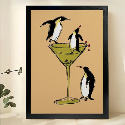Penguins in Martini Glass Wall Art – Funny Cocktail Party Penguin Canvas Print on Natural Wood Frame | W2426