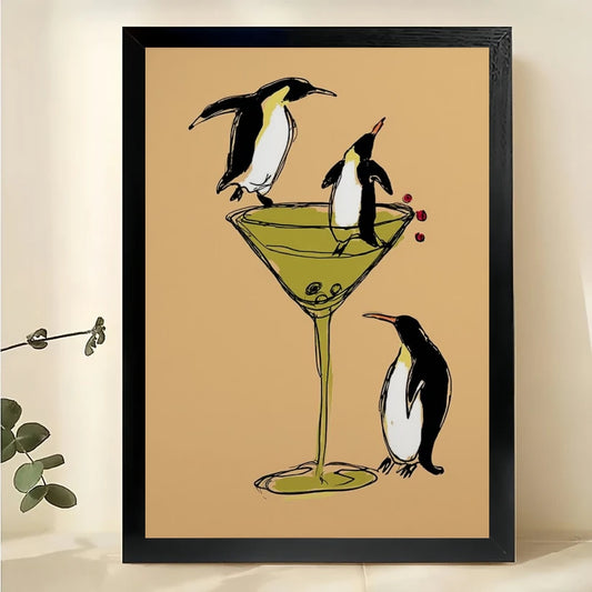 Penguins in Martini Glass Wall Art – Funny Cocktail Party Penguin Canvas Print on Natural Wood Frame | W2426