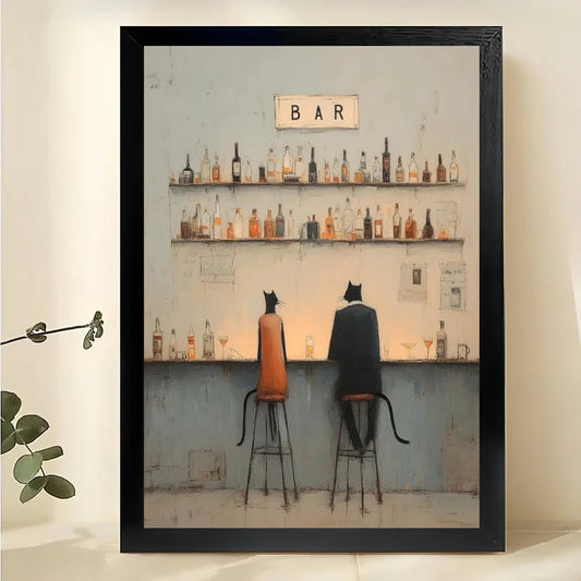 Two Cats at Bar Wall Art – Moody Retro Cat Bar Scene Canvas Print | W2112