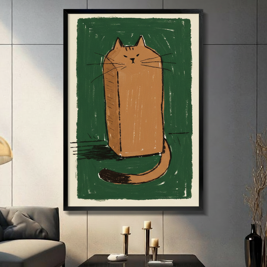 Quirky square cat canvas wall art – hand-drawn orange tabby on forest green for modern home decor