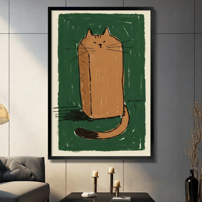 Quirky square cat canvas wall art – hand-drawn orange tabby on forest green for modern home decor