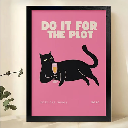 “Do It For The Plot” Retro Black Cat – Bold Pink Feminist Wall Art on Natural Wood Canvas | W778